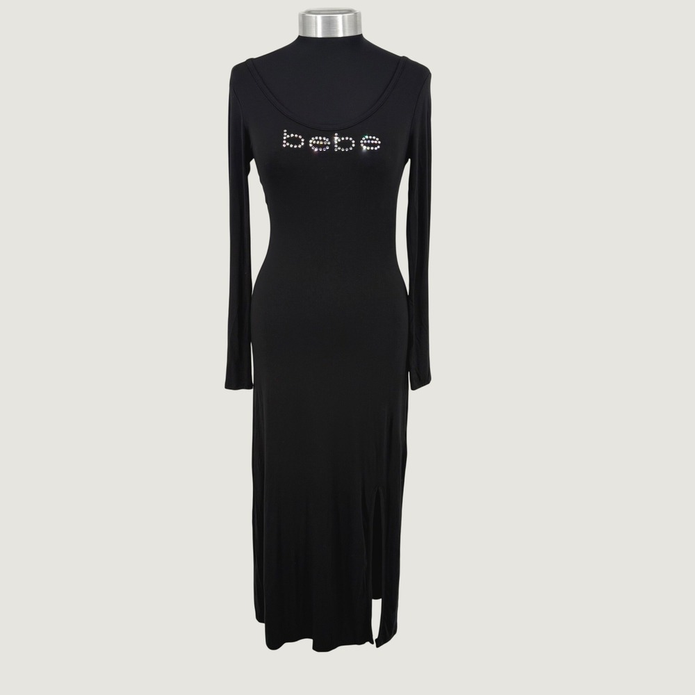 Bebe Maxi Dress Womens XS Black Rhinestone Logo Long Sleeve Side Slit Rayon